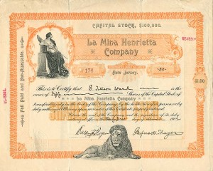 La Mina Henrietta Co. - 1902 dated Mining Stock Certificate - Likely Mexico - Beautiful Lion Vignette at Bottom Middle